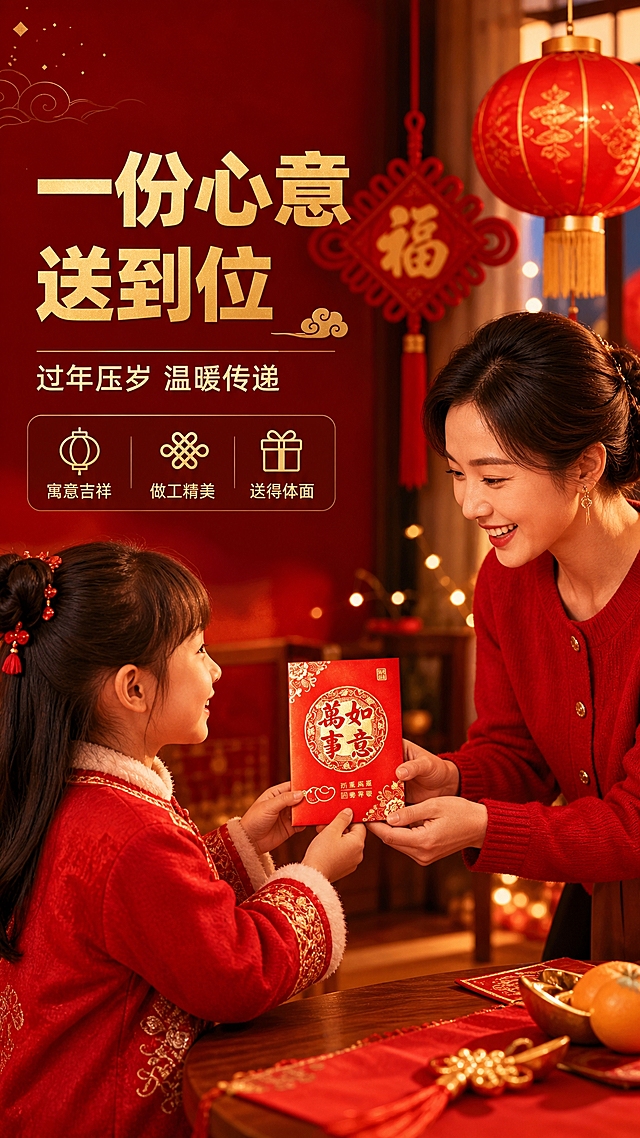 [商品] 使用【图1】新春七福烫金红包套装实拍：人物手中持有的红包与输入图一致，保留烫金祝福字、圆形花边框和红底金线工艺，不修改红包本体文字与图案，商品主体与输入图完全一致。
[画面] 页面目标为使用瞬间：新春客厅场景，亚洲成年女性双手将一枚红包递向亚洲小孩，动作自然亲切，小孩双手接过，脸上带笑；背景有红灯笼、中国结和暖金灯光，环境温馨；构图为主体偏右、左上方留白放文案，红包位于画面中心约占35%，景别中景偏近，阅读动线从标题到人物到红包。
[视觉] 套系策略：风格=新春中式氛围商业摄影；标题字=现代无衬线粗黑体；正文字=无衬线简体；主色=中国红；背景延展=深红到暖金渐变，带祥云纹理、灯笼剪影和金色光点；强调色=烫金，仅用于小面积图标、引线、标签和局部光效；标题色=烫金；正文色=暖米白；组件=深红半透明圆角信息卡、金色细线、金色图标和祥云边角；光影=左前侧暖光，产品边缘清晰不悬浮。
[文字] 主标题「一份心意 送到位」烫金色粗黑大字横排于左上留白区；副标题「过年压岁 温暖传递」；底部三个图标短词「寓意吉祥」「做工精美」「送得体面」；全部横向排版，不遮挡人物面部和红包。
[规格] 淘宝/天猫详情页 9:16 竖版，2K 分辨率，中文横排文字，文字清晰可读，人物为亚洲人群且手部自然，红包祝福语保持原样，商品主体与输入图完全一致不变形，避免畸形手、面部扭曲、肢体穿模、错字、文字过小、冷蓝灰背景、平台Logo和水印。