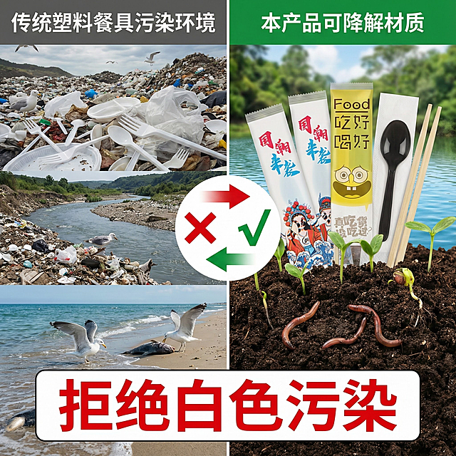你能帮我做十张不同类型的关于这个环保餐具组合产品的商品主页展示图吗，餐具组合包括一次性筷子勺子纸巾牙签，不同场景包括宣传标语，宣传这个产品包含产品痛点卖点，图片比例一比一