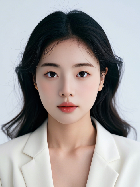女生，白底证件照，浅色西装，正面预览效果