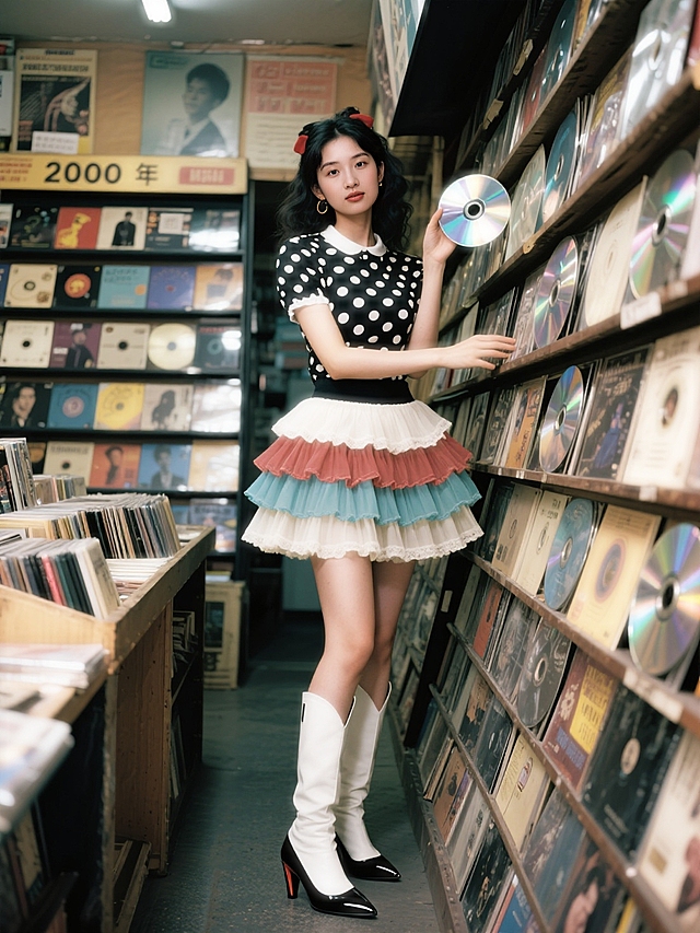 2000年的老式碟片店，少女（复古波点上衣搭配蛋糕裙和尖头靴子）撑着cd墙面。梦核怪诞。