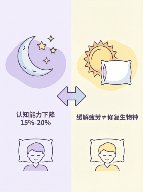 Line art with color (线稿填色风)，睡眠健康主题，左侧绘制月亮 + 星星（代表熬夜，背景浅紫色，标注 “认知能力下降 15%-20%”），右侧绘制太阳 + 枕头（代表补觉，背景浅黄预览效果
