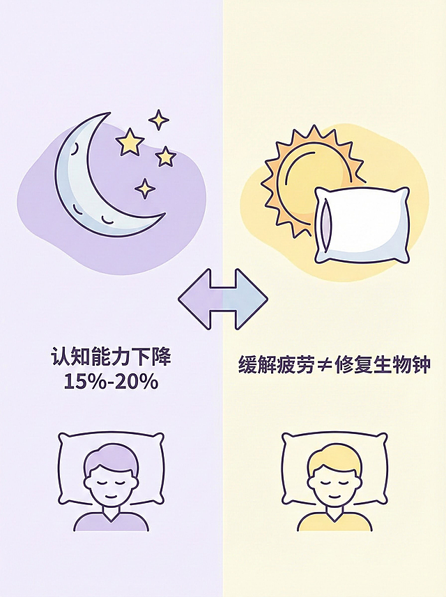 Line art with color (线稿填色风)，睡眠健康主题，左侧绘制月亮 + 星星（代表熬夜，背景浅紫色，标注 “认知能力下降 15%-20%”），右侧绘制太阳 + 枕头（代表补觉，背景浅黄色，标注 “缓解疲劳≠修复生物钟”），中间用双向箭头连接，人物图标为简化的 “睡觉小人”，线条流畅，色彩柔和，无复杂阴影