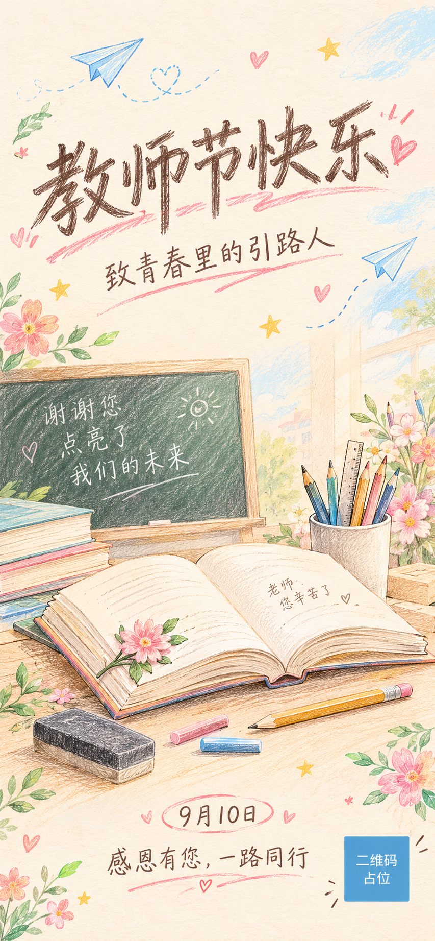 商场教师节祝福海报，青春风格，铅笔线条手绘感。画面整体采用清新… - 图片创意预览
