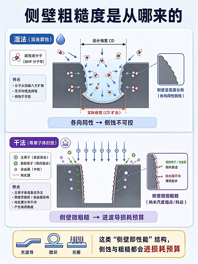 竖版3:4信息图，标题“侧壁粗糙度是从哪来的”，淡灰蓝底圆角卡内上下两段剖面示意图，上段湿法：腐蚀液分子从四面八方进攻，横向掏蚀使线宽CD扩出、侧壁呈弧面台阶，标注“各向同性 → 侧蚀不可控”，下段干法：主离子垂直轰击为主，散射离子自由基侧向轰击加钝化膜不均，侧壁留下微观粗糙细点抖动线，标注“侧壁微粗糙 → 进波导损耗预算”，底部提示条写“光波导 / 微环 / 光栅这类‘侧壁即性能’结构，侧蚀与粗糙都会进损耗预算”，半导体科普风格，清晰标注，2K画质