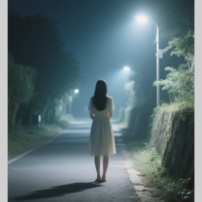 一位穿着素雅连衣裙的长发女孩，背影站在夜色灯光下，背景是幽静的小路边，小清新风格，写实摄影，光线柔和，色彩淡雅，细节清晰预览效果