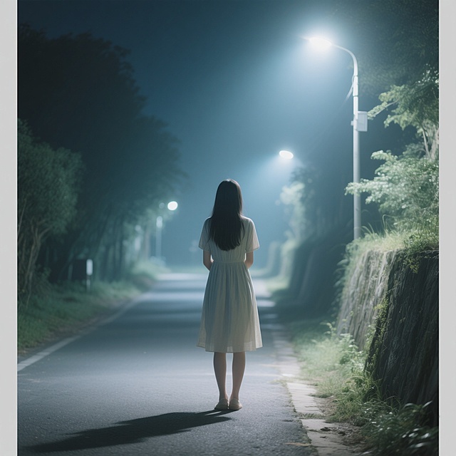 一位穿着素雅连衣裙的长发女孩，背影站在夜色灯光下，背景是幽静的小路边，小清新风格，写实摄影，光线柔和，色彩淡雅，细节清晰