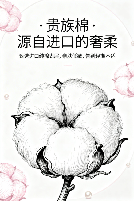 2:3竖屏，高端插画风线稿，现代主义轻奢风格，杂志级精致排版，不展示产品包装，以线稿可视化方式呈现进口纯棉材质。画面中心为放大的纯棉纤维线稿特写，背景为纯净珍珠白的简洁轮廓，点缀淡粉色棉花线稿元素，主预览效果