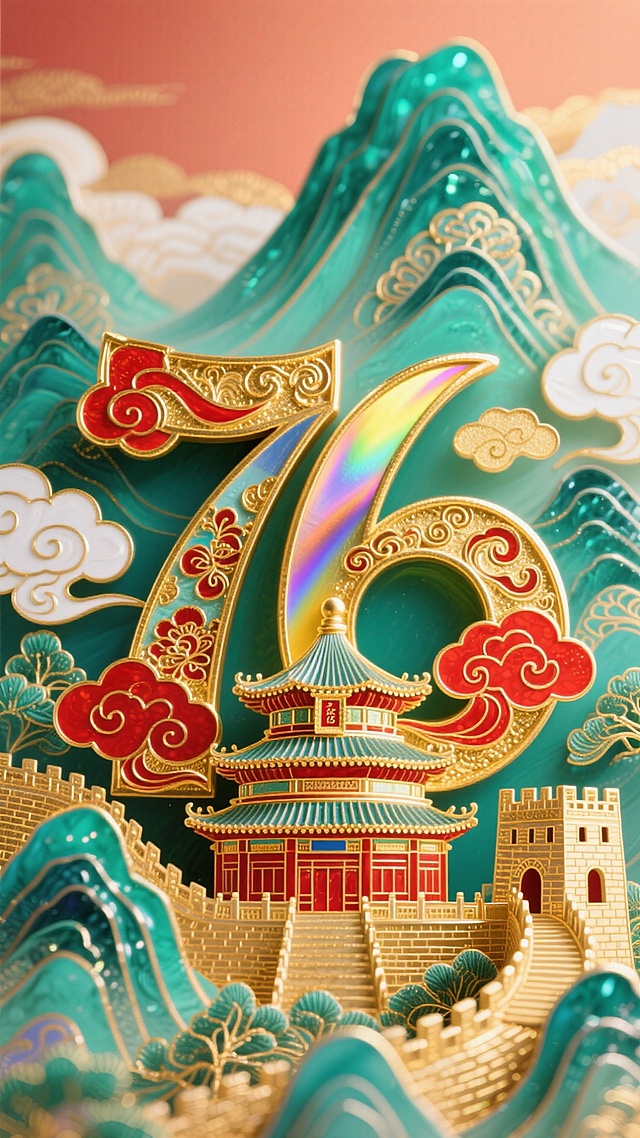 国潮风融合鎏金与浮雕工艺，数字“76”以重拟物手法呈现，融入中式建筑与山川云纹，彰显喜庆奢华与梦幻体积感。