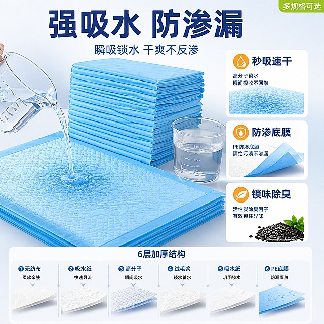 [主图-2] 宠物尿垫核心卖点功能图，强吸水防渗漏展示。
[氛围风格] 清爽功能实验感，蓝白清洁风，拼多多直白卖点风格。
[画质] 商业摄影质感、光线明亮通透、产品清晰真实、画面干净。
[元素] 画面中央偏左位置，一叠蓝色宠物尿垫平铺展开，最上面一片尿垫上正在倒水，水流接触尿垫瞬间被快速吸收，表面干爽无积水，旁边放一个透明量杯展示大容量吸水。右侧有三个圆角功能卡片上下排列，分别展示吸水、防漏、除臭三个卖点，每个卡片内有对应小图标和实物小图。底部有一条横向的6层结构剖面小示意图，展示尿垫的多层结构。**保持尿垫产品外观（即物理结构、材质质感、蓝色颜色）与输入产品图一致，杜绝任何变形和色差，精细化处理**。商品主体占比约60%。
[光影] 均匀明亮的无影棚拍光，顶部主光，两侧辅光，整体高亮度，突出尿垫的清洁感和吸水效果的真实感。
[配色] 主色天蓝、纯白；辅色浅绿、橙色点缀。
[视角构图] 俯视45度角，尿垫平铺在画面中下部，功能卡片在右侧，结构示意图在底部，信息层次分明。
[文字版式] 顶部居中大字主标题"强吸水 防渗漏"，粗体深蓝色大号字体；右侧三个功能卡片内分别标注"秒吸速干""防渗底膜""锁味除臭"，卡片标题加粗，说明文字缩小；底部结构示意图上方标注"6层加厚结构"小字。右上角角落标注"多规格可选"小标签。
[输出要求] 1:1比例，文字清晰锐利可辨，超高清商业摄影质感。
[负向提示词] 变形，文字错乱，产品图模糊，背景杂乱，水印，电商平台Logo，尿垫变形，水流效果不真实。