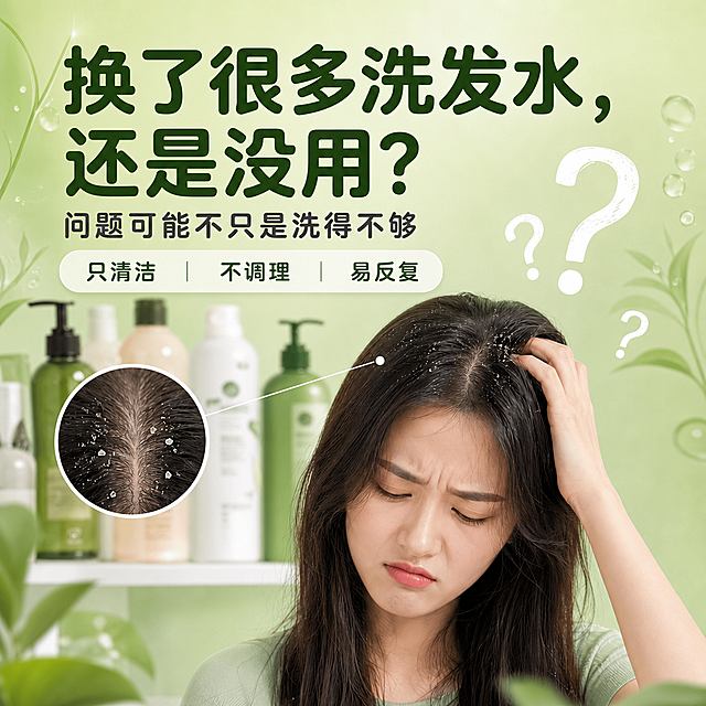 参考图版式复刻，保留画面骨架、人物构图、问号装饰元素和全部文案内容，仅将比例调整为1:1方版，字体全部改为圆润无衬线圆体风格（笔画圆润饱满，无尖锐棱角）。画面内容：女性抓头困扰表情，左侧有头皮头屑圆形放大特写，背景是浴室架子上的各种洗发水瓶子，右侧有多个白色问号装饰。浅草绿清新背景，绿叶和水滴装饰。主标题大字圆润粗体，副标题圆润常规体。整体风格：浅草绿草本清新风，小红书详情页质感。所有文字保持清晰可读，字体圆润柔和。