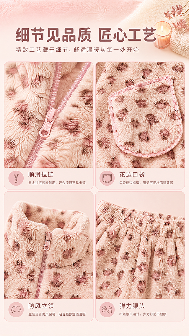 [商品] 使用【图1】粉色豹纹法兰绒家居服套装细节部位；商品处理：保留拉链、口袋花边、立领、松紧腰头等细节结构和粉豹纹图案；增强五金光泽、花边缝线、绒面纹理细节，不改变原设计。
[画面] 页面目标：工艺细节展示，2x2宫格呈现4处匠心细节。构图：竖版9:16，上方标题区，下方2行2列宫格，分别展示：拉链头特写、口袋花边细节、立领绒面、松紧腰头。每个宫格内是对应部位的微距特写，背景统一浅粉柔焦。宫格间有细粉线分隔。
[视觉] 套系策略：风格=温馨治愈系家居风商业摄影；标题字=圆润柔和无衬线粗体；正文字=简洁纤细无衬线体；主色=奶粉色；背景延展=基于奶粉色做深浅层级、同色渐变和细腻织物/毛绒质感；强调色=豆沙粉，仅用于小面积图标、引线和标签；标题色=深棕粉；正文色=暖灰棕；组件=圆角浅粉信息卡、细曲线引线、毛绒质感装饰边；光影=左前侧暖柔光，柔和漫反射。
[文字] 顶部主标题"细节见品质 匠心工艺"，每个宫格下方配短标签：顺滑拉链、花边口袋、防风立领、弹力腰头；横排排版，标签文字清晰。
[规格] 图片比例9:16竖版，4K，避免变形、错字、文字过小、细节模糊、质感失真、颜色偏差。