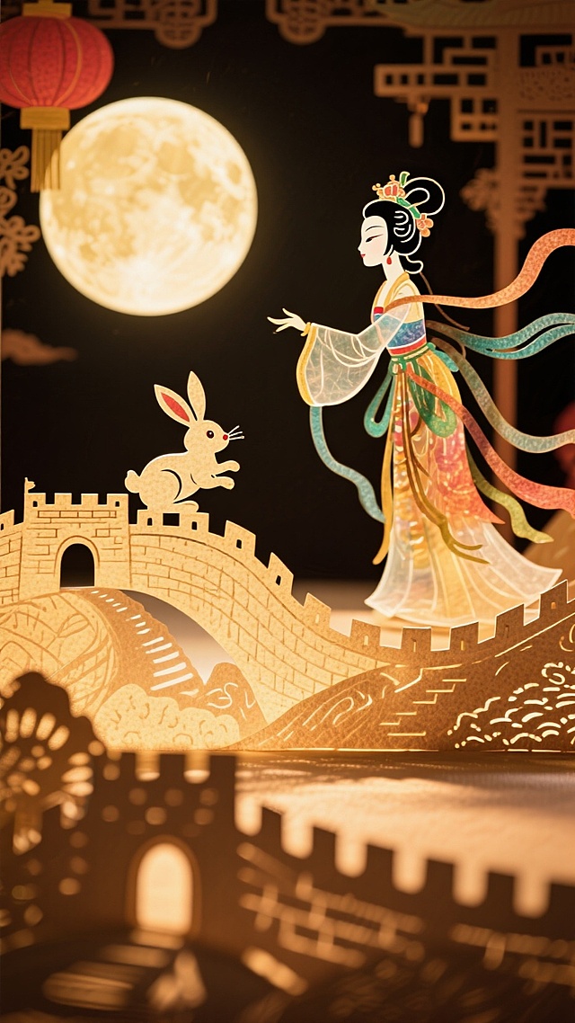 皮影戏质感的节日画面，半透明牛皮材质效果，一轮中秋圆月与国庆剪影共存，嫦娥、玉兔、长城以皮影轮廓呈现，背景为暖色灯光投影，充满舞台感。