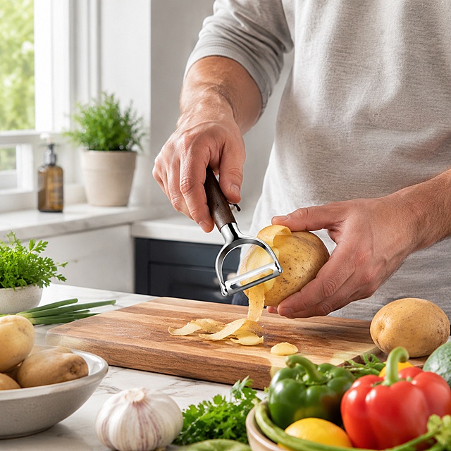 [主图-4] Real欧美家庭 kitchen usage scene showcase. Keep the product appearance exactly the same as input image. One peeler in hand peeling a fresh potato, natural bright window light fills the clean modern kitchen counter, fresh vegetables around to create daily cooking atmosphere, European and American lifestyle style. Soft light, clear focus on product, 1:1 square, negative prompt: deformation, blurry, messy background, watermark, Chinese characters, distorted text