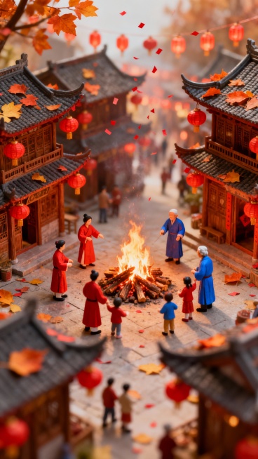 帮我生成图片：帮我生成图片：帮我生成图片：竖版国潮商业海报，3D 渲染微缩景观移轴摄影效果，俯视上帝视角，大景深，高饱和度红橙暖色调为主，带有颗粒感的胶片质感与朦胧光晕。画面中央是燃烧的篝火，周围是微预览效果