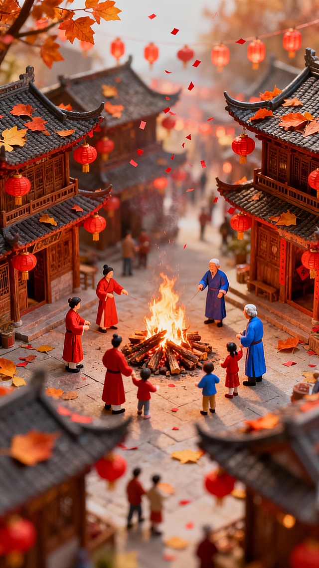 帮我生成图片：帮我生成图片：帮我生成图片：竖版国潮商业海报，3D 渲染微缩景观移轴摄影效果，俯视上帝视角，大景深，高饱和度红橙暖色调为主，带有颗粒感的胶片质感与朦胧光晕。画面中央是燃烧的篝火，周围是微缩比例的传统服饰人物群像（红衣、蓝衣老少围炉互动）。背景是挂满红灯笼的中式古街，飞檐翘角的木质建筑，屋顶散落橘黄色落叶，空中飘着细碎红色纸屑。远景中心视角清晰，近景模糊，大景深，整体氛围温暖浓郁，充满年节烟火气，细节丰富，光影柔和层次分明。比例 「9:16」