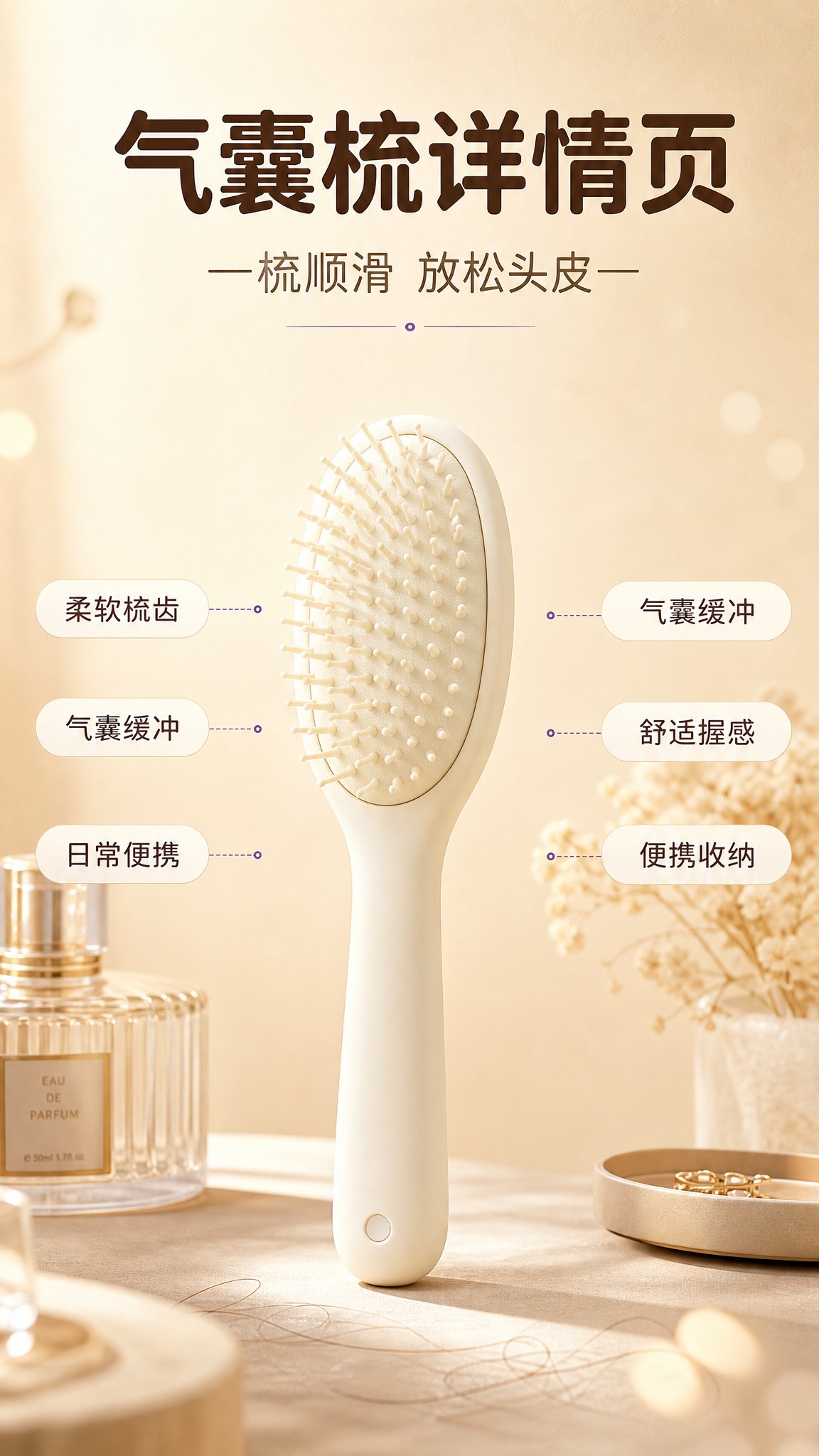 [商品] 使用【图1】奶白色椭圆长柄气囊梳；保留椭圆梳面、圆形… - 图片创意预览