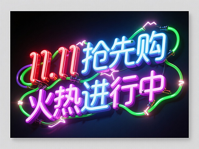 霓虹灯风与3D重拟物结合，赛博朋克感十足，炫彩文字交织电光脉冲，营造酷炫科技感，传递双十一促销热潮。
