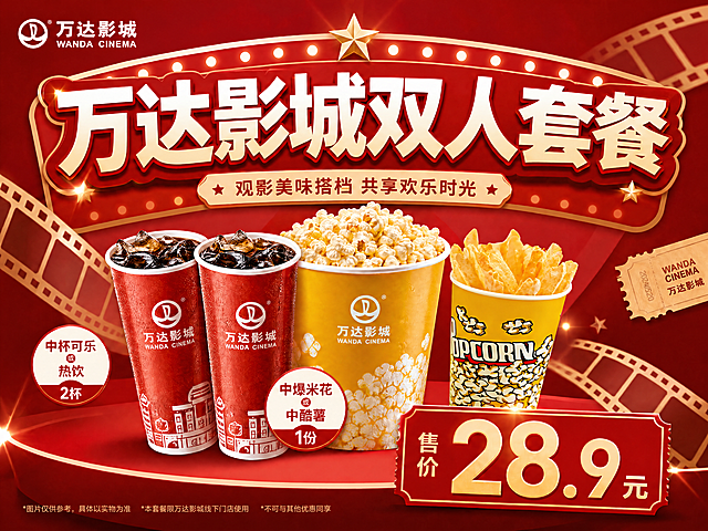 基于原万达影城双人套餐宣传图，将原酷薯替换为用户上传的新酷薯素材，保持整体红色喜庆设计风格不变，保留所有原有文案信息：万达影城双人套餐，售价28.9元，中杯可乐/热饮2杯，中爆米花/中酷薯1份。