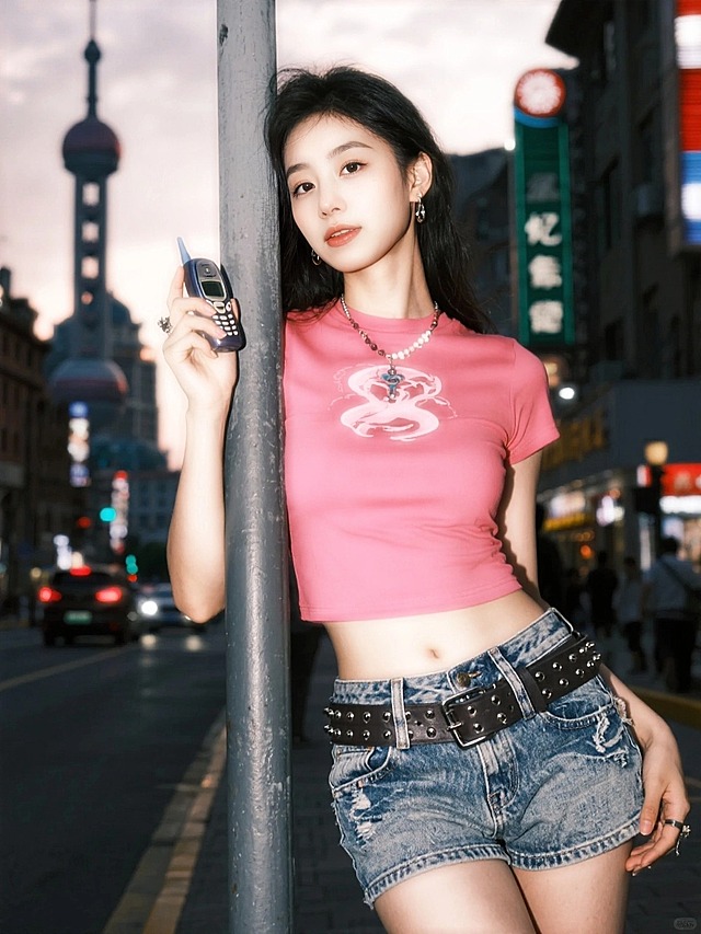 2000年的傍晚上海街头，繁华热闹，女生（玫红色修身印花短袖搭配低腰做旧牛仔短裤、铆钉腰带，千禧年配饰）靠在铁杆上，手拿小灵通电话。看镜头