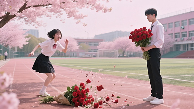 校园樱花盛开的操场，一个英俊的男生手捧一大束红玫瑰向短发少女表白，少女把花束狠狠扔在地上，怒气冲冲表情强势，男生一脸懵圈，粉色浪漫背景与激烈反应形成反差，青春校园风格，超写实