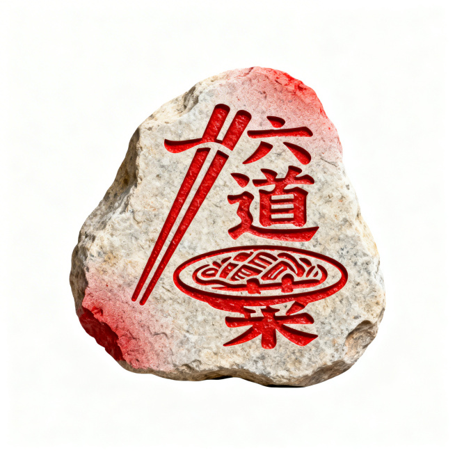 抽象艺术化不规则随形印章Logo设计，中式餐饮品牌"六道菜"，融合汉字笔画与菜肴意象，手工篆刻质感，保留不规则天然石外形，"六道菜"字体做艺术化变形，把六字笔画设计成筷子造型，菜字融入菜盘轮廓，红色印预览效果