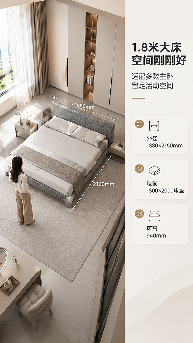 [商品] 使用【图1】意式简约布艺软包床；保留床整体结构、高靠背软包造型、床架轮廓、灰色布艺材质、床脚形态；商品处理：自然理顺布艺面料纹理，增强整体质感，不改变版型和结构比例。
[画面] 页面目标：空间尺度展示，让消费者直观感受床的占地尺寸与卧室空间适配性。右文左景构图，左侧约2/3为卧室俯视/半俯视场景，右侧约1/3为文案区；床置于卧室中央，周围留有通道空间，搭配衣柜、床头柜、梳妆台等家具，呈现1.8米床在标准卧室中的空间比例；画面叠加长宽尺寸虚线标注，显示整体外尺寸1880*2160mm；人物站在床边作为尺度参照。
[视觉] 套系策略：风格=意式极简轻奢商业摄影；标题字=现代无衬线粗体；正文字=简洁无衬线体；主色=暖白+高级灰；背景延展=基于暖白与浅灰做深浅层级、同色渐变和细腻哑光质感；强调色=暖驼色，仅用于小面积图标、引线和标签；标题色=深炭灰；正文色=中暖灰；组件=圆角浅底信息卡、细线引线、序号胶囊；光影=顶部暖自然光，空间明亮通透，柔和阴影。
[文字] 右侧文案区：主标题「1.8米大床 空间刚刚好」（10字），副标题「适配多数主卧 留足活动空间」（12字），下方3个空间说明「外径1880×2160mm」「适配1800×2000床垫」「床高940mm」；画面中尺寸引线标注清晰；文字横向排版，不遮挡床主体。
[规格] 图片比例9:16竖版，4K分辨率，淘宝/天猫详情页适配，中文文案；避免变形、错字、文字过小、冷蓝背景、床结构失真、绝对化用语。