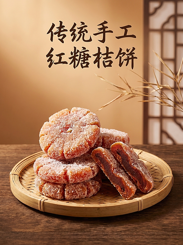 [主图 6竖版] 红糖桔饼竖版首图，复古怀旧中国风，温暖治愈氛围。保持红糖桔饼外观（物理结构、糖霜质感、橘红色泽）与输入产品图绝对一致，杜绝任何变形色差，精细化处理。多块红糖桔饼错落堆叠在复古竹编盘上，竹编盘放置在深棕木质桌面上，几块桔饼自然斜靠露出完整切面，展示深红褐色泽和绵密果肉。背景焦糖色渐变，点缀中式复古纸窗纹理和小型干竹枝装饰，暖黄色侧光突显桔饼表面诱人油光。商品主体占比70%，画面满屏无边框。商业摄影质感，光线柔和通透，产品清晰真实，画面干净高级，8k超高清。顶部留白区域放置手写体产品名称，文字不遮挡主体。光影：暖黄色主光从侧上方打来，糖霜形成柔和高光，木桌背景形成渐变明暗，突出桔饼立体感。配色：主色调焦糖橘红，辅助色深棕木色，整体暖调治愈。视角：45度俯视，浅景深突出主体。文字版式：顶部居中负空间留白，预留位置给手写体标题“传统手工 红糖桔饼”，不遮挡主体。比例分辨率：3:4比例，2k分辨率，文字清晰锐利，超高清。负向提示词：变形，水印，文字错乱，产品图模糊，背景杂乱，糖霜结块，颜色失真。