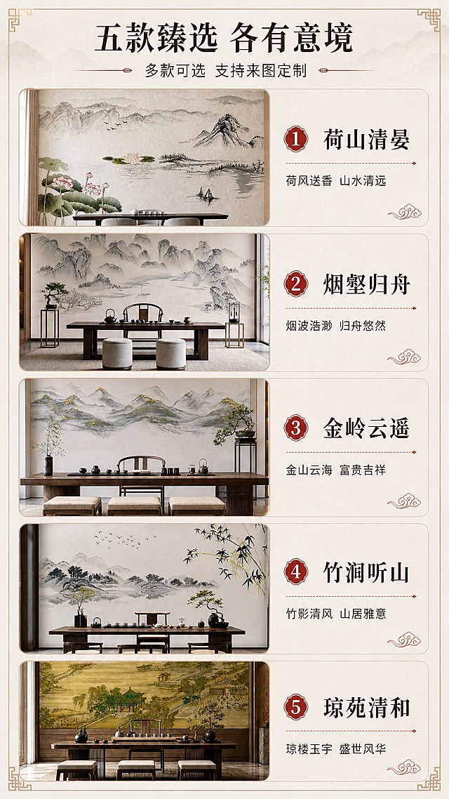 [商品] 使用【图1】【图2】【图3】【图4】【图5】五款刺绣硬包背景墙的上半部分场景效果图；分别对应：图1=荷山清晏（荷花山水）、图2=烟壑归舟（水墨山水行舟）、图3=金岭云遥（金墨山水）、图4=竹涧听山（墨竹山水）、图5=琼苑清和（古建青绿山水）；保留每款独特的刺绣图案和空间氛围。
[画面] 目标：五款款式总览，名称与图片一一对应，方便用户选型。构图：上1/6标题区，下5/6为5款竖排展示，每款占约1/5高度，左侧场景缩略图、右侧款式名称与简短描述；阅读动线从上到下依次浏览5款。
[视觉] 套系策略：风格=新中式高端雅致商业摄影风；标题字=宋体加粗衬线体，东方韵味；正文字=简洁无衬线黑体；主色=米杏暖白；背景延展=基于米杏暖白做深浅层级、同色渐变和宣纸/布艺质感；强调色=朱砂红+鎏金，仅用于小面积图标、引线、标签和重点字；标题色=深墨褐；正文色=中暖灰；组件=圆角浅底信息卡、细线引线、中式回纹装饰边；光影=各款场景统一柔和自然光，整体色调协调统一。
[文字] 顶部主标题"五款臻选 各有意境"，副标题"多款可选 支持来图定制"；每款右侧标注名称与一句意境描述："1. 荷山清晏——荷风送香 山水清远"、"2. 烟壑归舟——烟波浩渺 归舟悠然"、"3. 金岭云遥——金山云海 富贵吉祥"、"4. 竹涧听山——竹影清风 山居雅意"、"5. 琼苑清和——琼楼玉宇 盛世风华"。
[规格] 图片比例9:16竖版，分辨率2K，避免变形、错字、文字过小、冷蓝/冷灰背景、款式对应错误。
