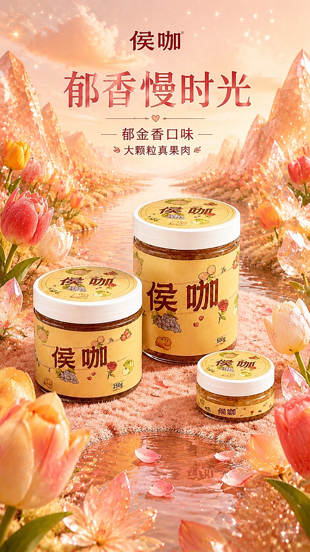 电商竖版海报，9:16比例，写实商业摄影风格，高清晰度，2K画质。

【产品锁死】侯咖果肉料罐装产品100%还原上传商品图的产品外形、包装、LOGO、印刷文字、净含量，以上传图为唯一商品主体来源，完整保留原图中的罐型、轮廓、结构、比例、白色瓶盖、米黄色标签版式、品牌logo「侯咖」、水果图案装饰、容量信息、材质质感、颜色与正面朝向，包装配色与产品结构均与上传图保持一致；正面朝向以品牌与标签主要信息清晰可读为准。设计仅作用于背景、光影、道具、版式和文字区；商品主体占画面55%~75%，文字不遮挡主体。画面中呈现三罐产品（大罐500g居中靠后、中罐250g居左靠前、小罐40g居右靠前），三罐位置关系、大小比例与参考图一致。

【版式精确复刻参考图骨架】严格参考第二张参考图（侯咖甜桃慢时光海报）的版式骨架、文字排版结构、分区位置、字体层级关系，做到文字排版一模一样：
- 顶部居中：品牌名「侯咖」，红色字体，位置与参考图完全一致
- 其下居中：大主标题「郁香慢时光」，字体大小、位置、装饰线条与参考图主标题完全一致，主标题下方有一条带小爱心装饰的分隔线
- 分隔线下：副标题「— 郁金香口味 —」，位置与参考图甜桃子口味行完全一致
- 再下方：卖点文案「大颗粒真果肉」，两侧带叶子装饰，位置与参考图完全一致
- 产品区：三罐产品位于画面中下部，大小高低错落关系与参考图三罐完全一致
- 底部：水面+毛绒质感承托，前景装饰元素布局与参考图对应
各分区相对位置、面积比例、主次层级、留白节奏与参考图保持高度一致。

【文案替换为郁金香口味】所有文字全部替换为侯咖郁金香口味相关文案，不得出现参考图原有甜桃相关文字：
- 顶部品牌名：「侯咖」
- 主标题：「郁香慢时光」
- 副标题：「— 郁金香口味 —」
- 卖点：「大颗粒真果肉」
画面中所有文字必须清晰可读，字体风格、大小比例、颜色层级与参考图一致。

【背景元素按郁金香口味全面替换】将参考图中的甜桃元素全部替换为郁金香主题元素：
- 远景天空：暖橙粉渐变天空+蓬松橙粉云朵+微光星点，远处是暖橙玉质感山峦与透明橙粉水晶感山体，山间缭绕薄雾
- 中景水面：清透暖橙水面延伸向远方，两岸是暖橙色毛绒质感地面，生长着成片郁金香花丛与橙粉水晶簇
- 产品周围：环绕盛开的郁金香（橙红、粉黄、奶白渐变花瓣，杯状花型），翠绿长叶点缀，漂浮的郁金香花瓣
- 前景承托：暖橙柔雾毛绒质感地面+清透浅水水面，水面有波纹倒影，散落郁金香花瓣与水珠，前景有虚化的郁金香与橙水晶花朵装饰
- 整体色调：暖橙、粉黄、奶白、嫩绿为主，暖调柔光，春日优雅氛围

【光影与氛围】顶部柔和自然光+侧前方柔光，整体明亮通透，郁金香花瓣水润有光泽，水面有波光反射，空气中有细微光斑与郁金香花瓣漂浮，营造温暖、优雅、春日浪漫的郁金香风味氛围。

【其他约束】画面中所有信息区域必须填充完整合理内容，不得出现空白框、空白占位；画面整洁，品牌文字仅使用侯咖相关内容；版式精美，构图层次分明。