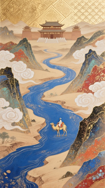 敦煌艺术，以青金石蓝、浅驼金、暖棕红为主色调，塑造蜿蜒如丝带的丝路河道，两侧山峦层叠，融入卷曲云纹 + 几何藻井纹样，远方古建筑（对称布局 + 浅棕配色），单人驼队精准放置于河道黄金分割点，整体营造东预览效果