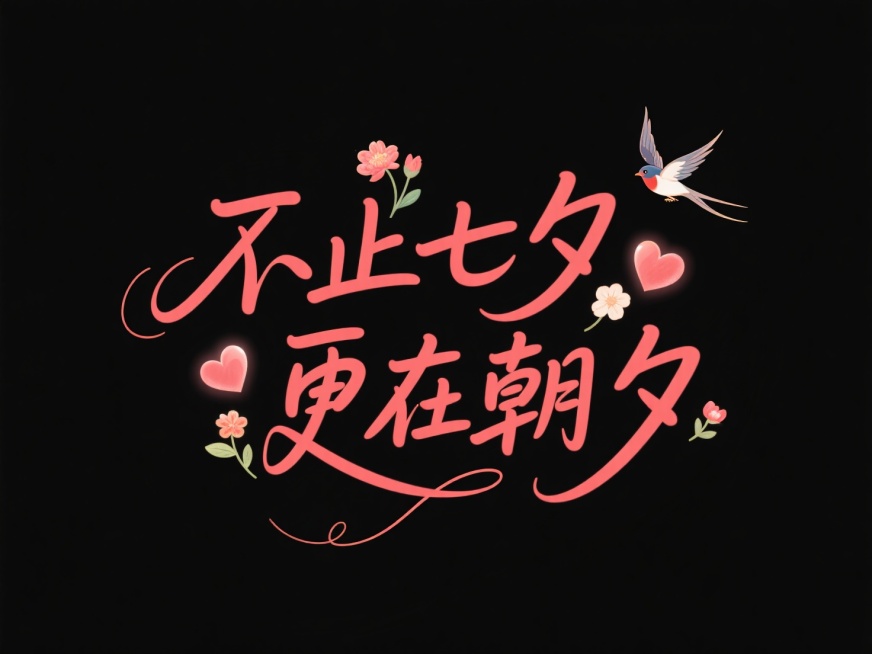 文字“不止七夕 更在朝夕”，文字穿插点缀爱融合爱心、喜鹊、花朵等元素、温馨高级感，简洁、 黑底红字。预览效果