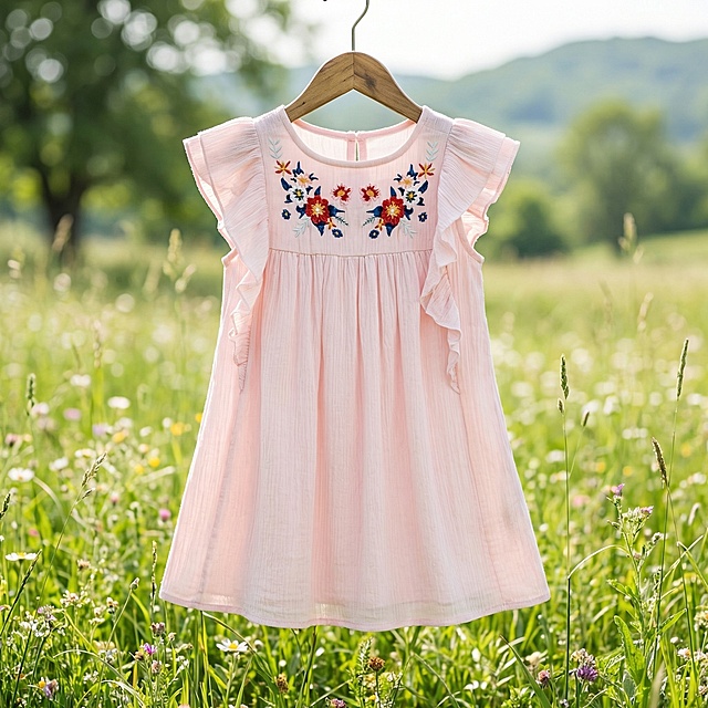 基于参考图的粉色刺绣飞袖连衣裙，替换为小清新户外草地背景，整体风格清新自然，突出连衣裙版型好看、款式优美，适合淘宝平台商品主图
