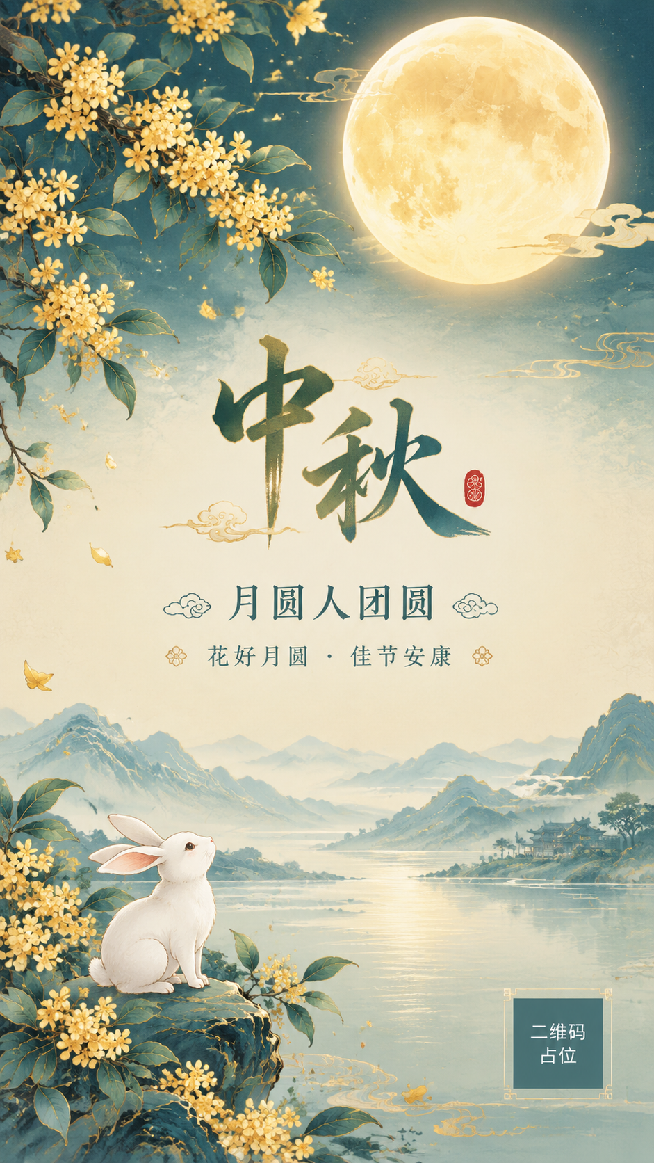 新中式国风中秋节日竖版海报，国风新中式工笔插画风格。画面上方一… - 图片创意预览