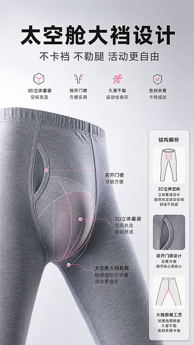 [商品] 使用【图3】灰色秋裤裆部角度+【图2】前开门襟细节；保留太空舱大裆结构、前开门襟、灰色面料、缝线工艺；自然去皱，增强3D立体囊袋轮廓感。
[画面] 页面目标：太空舱大裆卖点，突出不卡裆不勒腿。构图：主体为秋裤裆部3/4角度特写（占画面50%），用虚线或半透明示意3D立体囊袋空间。右侧配结构说明卡片。背景：浅灰影棚背景，柔和侧光突出裆部立体感。
[视觉] 套系策略：风格=国内电商高级男士内衣商业摄影风；标题字=粗黑无衬线黑体；正文字=简洁无衬线中黑体；主色=高级深灰+浅灰；背景延展=基于灰调做深浅渐变、哑光质感、柔和光影层次；强调色=山茶花粉色（仅用于小面积图标、引线、标签点缀）；标题色=炭黑色；正文色=中灰色；组件=圆角浅灰信息卡、细直线引线、简约线性图标；光影=左前侧柔和自然光，产品底部有自然投影。
[文字] 顶部主标题"太空舱大裆设计"，副标题"不卡裆 不勒腿 活动更自由"。卖点："3D立体囊袋 空间充足""前开门襟 方便实用""久穿不勒 运动也自在""告别夹臀卡裆尴尬"。配裆部结构引线标注。全部横排，注意尺度合规，不低俗不擦边。
[规格] 图片比例9:16竖版，4K，负向提示：避免模特、真人、低俗擦边、过度性感展示、极限词、错字、文字过小、版型变形、纯白底、平台Logo水印。