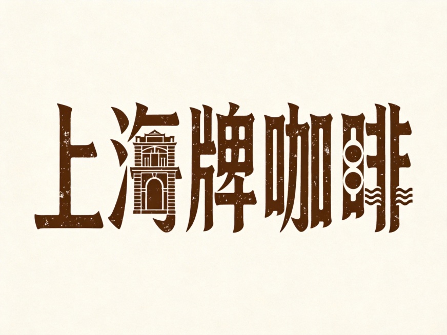 干净的米白色背景。平面艺术字体设计，四个字"上海牌咖啡"，海派复古风格，将"上"字笔画融入石库门建筑轮廓，"海"字三点水设计成波浪形态，字间距紧凑整体横向排列，采用深棕色做旧油墨材质，字体边缘带有轻微预览效果