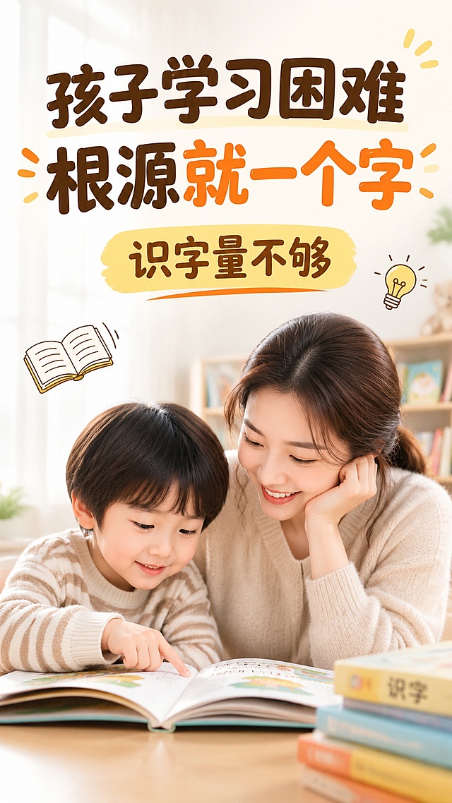 小红书亲子教育风格封面图，主标题大字：孩子学习困难根源就一个字，副标题小字：识字量不够，简约明亮背景，温暖母婴配色，文字醒目清晰