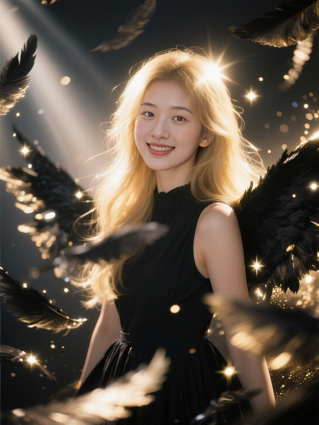 特写镜头，唯美精致的暗黑天使少女（微笑，奶油肌，金色的长发，黑色的连衣裙，发着光），环绕无数动态模糊的黑金调发光羽毛，大光圈虚化的暗调背景