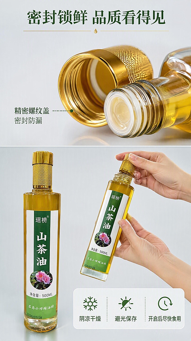 [第7张] 详情页包装细节-瓶身密封+储存方式。本张使用【图1】作为产品主体。
[氛围/风格] 品质细节感，干净简约，绿色健康，商业微距摄影质感。
[元素布局] 画面上半部分为金色瓶盖微距特写，展示精密螺纹密封结构，瓶盖纹理清晰，占画面约35%；下半部分左侧为山茶油瓶完整侧身，右侧为两只手演示开盖动作；右下角小图标展示储存方式：阴凉干燥处、避光保存；瓶身结构、标签文字与输入产品图完全一致。
[光影质感] 顶部硬光打亮金色瓶盖，金属质感强烈，螺纹细节清晰；瓶身柔光均匀，标签文字锐利。
[配色色系] 全局底色 #ECEFF1 浅灰蓝；主色金色 #FFB300 + 深绿 #1B5E20；辅助色银灰、白色。
[视角构图] 上下分区，上半瓶盖特写，下半瓶身+开盖动作，阅读动线从上到下。
[文字版式] 顶部主标题「密封锁鲜 品质看得见」宋体大字；瓶盖旁引线标注「精密螺纹盖 密封防漏」；底部右侧三个储存图标+文字「阴凉干燥」「避光保存」「开启后尽快食用」；字色深绿+金色，字体风格统一。
[比例分辨率] 9:16竖版比例，4K分辨率，文字清晰可辨，高清画质。
[负向提示词] 瓶身变形，标签错乱，瓶盖细节模糊，颜色偏差，水印，文字过小。