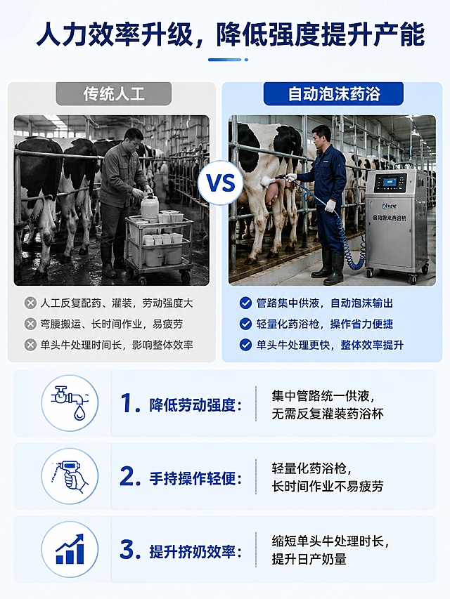 智优科自动泡沫药浴机















版面 1｜封面（正面首页）
【配图：整机自动泡沫药浴机高清主图，品牌 LOGO 居中上方】
（大标题 加粗大号字体）
自动泡沫药浴机
（副标题 蓝色加粗）
高效・安全・便捷・节省
（企业名称）
智优科智能科技（上海）有限公司
Gyotech Intelligent Technology (Shanghai) Co.,Ltd


（底部标语）
规模化牧场乳头防疫自动化解决方案
版面 2｜内页一：传统人工药浴四大痛点
【配图：传统人工药浴杯作业实拍对比图】
传统药浴模式，牧场四大运营瓶颈
人工药浴杯操作繁琐，人力、物料、防疫、效率全面受限
劳动强度大，挤奶效率低下
操作人员需反复手动灌装药浴杯，工序繁杂耗时，拖慢奶厅整体挤奶流转速度，制约牧场产能提升。
药液损耗严重，养殖成本攀升
人工转运药液极易泼洒渗漏；同等消毒效果下，纯液体药剂消耗量远高于泡沫药剂，长期耗材支出居高不下。
交叉感染风险高，乳房炎频发
共用器具、药液回流会造成奶牛间病原体交叉传播，大幅提升乳房炎发病概率，增加奶牛治疗、淘汰损失。
操作无统一标准，消毒效果不稳定
人工手法、涂抹时长、乳头覆盖范围因人而异，漏浴、薄浴情况频发，防疫标准无法稳定落地。
版面 3｜内页二：产品介绍 + 工作原理
【配图：设备管路结构示意图 + 手持药浴枪实景图】
一键全自动泡沫药浴 革新牧场防疫流程
产品简介
智优科自动泡沫药浴机，空气驱动全自动乳头消毒设备，一键启动即可均匀发泡完成乳头药浴，全面替代传统手动药浴杯，适配大、中、小型现代化牧场。
核心工作原理
整套设备由自吸泵 + 减压阀组成集成控制组件，依靠空气动力发泡；集中管路统一供液，轻量化手持药浴枪出泡均匀，药量精准可控。
版面 4｜内页三：九大核心优势（分三大板块）
【配图：设备模块化拆解图、奶厅现场使用图】
九大核心优势，全方位解决牧场痛点
人力效率板块
降低劳动强度
集中管路统一供液，无需反复灌装药浴杯，自动化作业减少重复体力劳动。
手持操作轻便
管道式药浴枪自重极低，对比盛满药液的传统药浴杯，长时间作业不易手部疲劳。
提升整体挤奶效率
简化药浴操作步骤，缩短单头牛处理时长，加快挤奶班次流转，提升牧场日产奶量。
成本防疫板块
大幅节约药液成本
封闭式管路 + 精准调压控量，杜绝药液泼洒滴漏；泡沫发泡技术减少药剂使用，长期降低耗材开支。
杜绝交叉污染，守护乳房健康
独有单向出液结构，药液无法回流，阻断病菌跨牛传播渠道，有效降低乳房炎发病率。
全覆盖药浴，消毒效果达标
贴合奶牛乳头工学设计，泡沫完整包裹乳头及根部，每一次药浴均满足牧场防疫标准。
运维适配板块
标准化作业，效果稳定统一
消除人工操作差异，每头牛、每个乳头药量、覆盖程度完全一致，实现牧场防疫标准化管理。
模块化组件，日常维护简单
分体模块化结构，拆装无需专业工具，清洁、检修零基础人员即可操作，降低设备运维成本。
全类型奶厅兼容适配
管路可灵活布局，转盘式、并列式等主流挤奶厅均可加装，无需大规模改造现有挤奶设备。
版面 5｜内页四：三大技术价值 + 四大投资回报
【配图：奶厅整体安装效果图】
设备核心价值，看得见的牧场收益
一、三大技术核心价值
降本增效，解决人、料、时三重损耗
解放人工劳动力、减少药液耗材浪费、缩短挤奶作业时间，全方位降低牧场运营损耗。
稳定防疫，持续保护奶牛乳房健康
单向防回流结构 + 标准化泡沫全覆盖，杜绝交叉感染，稳定控制乳房炎，减少奶牛养殖损失。
灵活易运维，适配各类牧场场景
模块化零部件，清洁检修便捷；管路灵活铺设，新旧奶厅均可无缝配套，长期运维成本更低。
二、四大长期投资回报
✅ 降本增效
泡沫药剂消耗量显著下降，挤奶流程提速，持续削减人力、物料运营成本。
✅ 保障奶牛健康
标准化连续药浴，杜绝漏浴少浴，全方位防护乳头，减少乳房炎带来的治疗与淘汰损失。
✅ 升级牧场标准化管理
自动化替代人工随机操作，药浴流程统一规范，实现挤奶防疫全流程标准化管控。
✅ 改善员工作业安全
减少高强度重复性手部劳作，优化一线员工工作环境，降低人工劳损问题。
总结
不只是设备更换，更是牧场挤奶防疫流程管理革新。一次性投入，长期提升牧场生产效率与盈利能力，搭建现代化可持续养殖体系。
版面 6｜封底（背面）

智优科智能科技（上海）有限公司
Gyotech Intelligent Technology (Shanghai) Co.,Ltd
助力规模化牧场降本、提质、增效
咨询信息（预留空白填写）
咨询热线：____________
企业地址：____________
微信二维码：【此处放二维码】