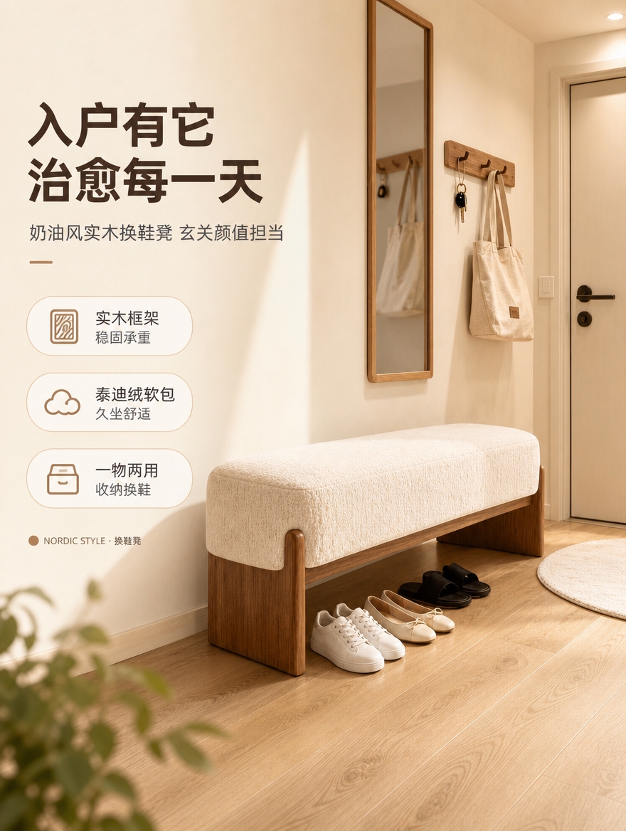 [商品] 使用【图1】北欧实木换鞋凳；保留长条形圆润软包坐垫、… - 图片创意预览