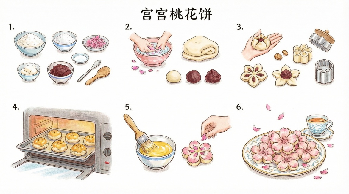 帮我生成图片：生成手绘风格卡通治愈系的“宫廷桃花酥”菜谱，手绘风格 参考图1，画面精细细节多多，不要出现任何人物和文字，包括准备材料、处理材料、制作过程、最终装盘展示出品共6步，白色背景，16：9「图预览效果