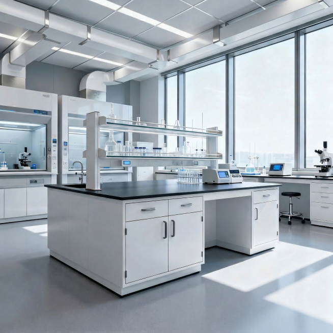 在现有现代化实验室基础上，增加专业的实验室通风系统，保持整体现代化风格，通风柜和顶部通风管道设计简洁一体化，不破坏原有空间的整洁通透感，保留所有原有实验设备和布局预览效果