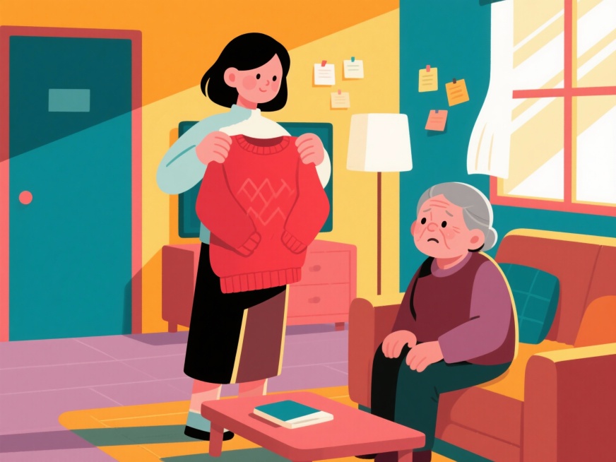 看着这件毛衣不禁感慨到回忆中那个温柔慈祥的姥姥变成了一个像迷失方向的小孩，我拿着这件毛衣来到客厅，举在胸前给姥姥看说：姥姥，你看，你也给我织过这样的毛衣！预览效果