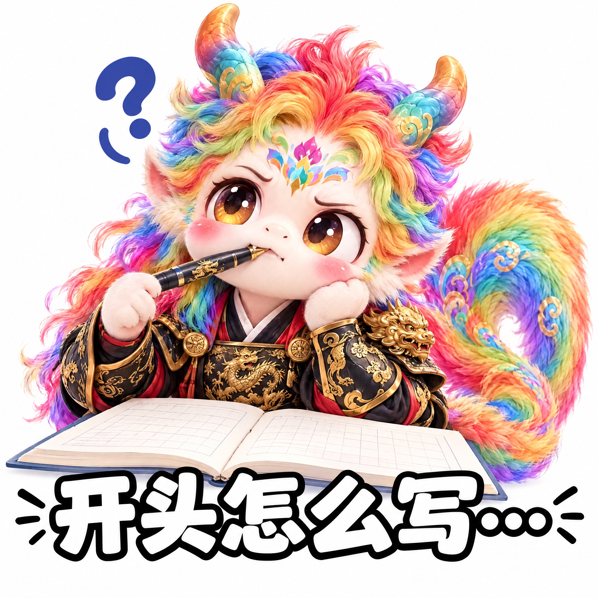 参考图中的彩虹鬃毛龙形神兽（穿黑色金龙铠甲），做成可爱表情包风… - 图片创意预览