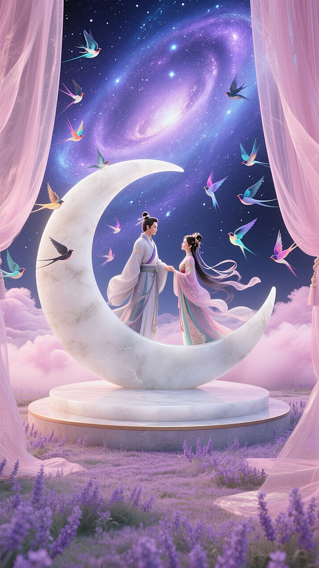 梦幻插画风，3D角色在新月上相拥，超现实星空背景，浪漫唯美，七夕节氛围浓厚。