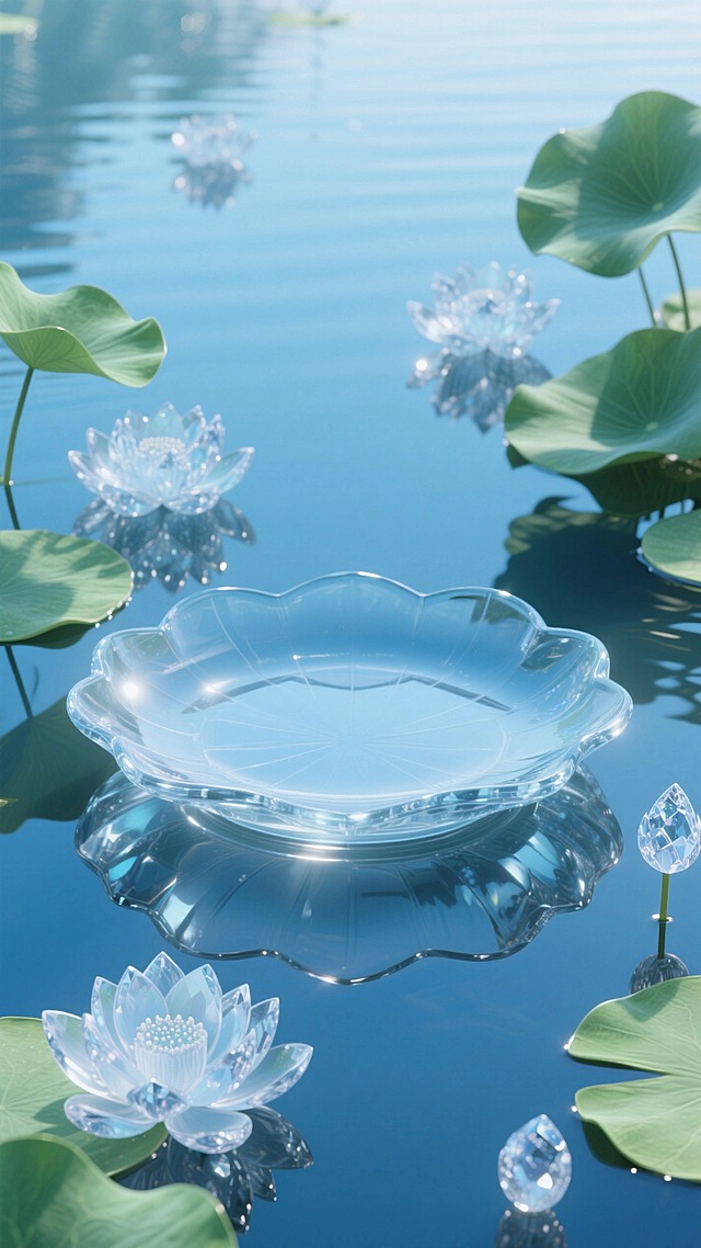 超现实主义、虚拟自然风格。冰蓝色为主色调；主体是一个剔透的形似荷叶的空托盘。周围是镜面湖面、透明的水晶莲花和绿色荷叶。清冷、梦幻、空灵的纯净美感