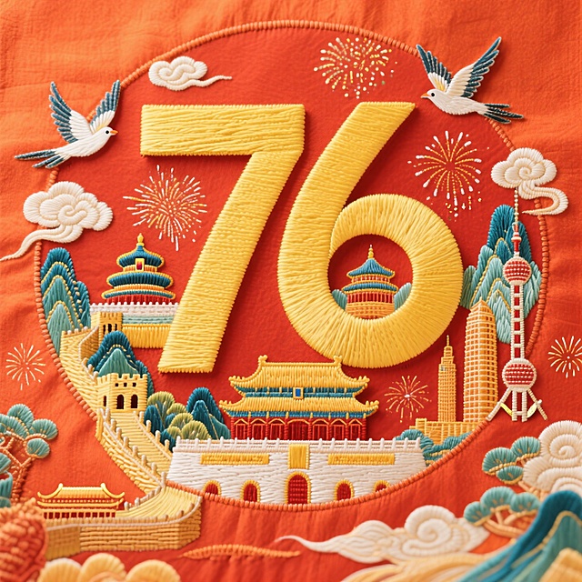 红橙色风景背景中，粗宋体黄色数字 “76“，数字内部有山水和国家标志性建筑（天坛、长城、故宫、东方明珠等），四周有和平鸽、祥云环绕，还有国家地标建筑群和烟花，无阴影