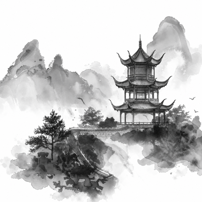 参考原图风格，重新生成水墨风格的中国风亭子山水画，保留原图构图和元素：三层飞檐亭子、山间步道、树木、水墨山峦飞鸟，整体为黑白水墨风格，保留晕染水墨效果预览效果