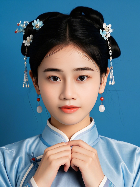 女生，唐装证件照，国风，纯色背景预览效果