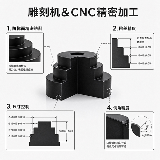[主图-4] 加工能力图，极简科技风，展示雕刻机&CNC对台阶形零件的精密加工能力。
[统一基调] 极简科技风，深灰/黑色或白底深灰，深灰色(#333333)文字和标注线，清晰端正无衬线字体，字体不变形不拉伸不压扁，1:1正方形构图，精密技术感。
[画面] 画面中心展示实心黑色PU台阶形零件的精密加工截面特写，重点展示阶梯面的光滑铣削表面和精确的阶差尺寸。画面采用技术图纸风格的分区布局或引线标注方式展示四大加工能力：1. 阶梯面精密铣削（配台阶截面放大图，展示阶梯面光滑精铣表面，无刀纹）；2. 阶差精度（配阶差高度测量示意，标注阶差公差极小，精度高）；3. 尺寸控制（配各阶直径或高度的精密尺寸标注，体现高精度）；4. 倒角精度（配阶台边缘倒角特写，展示均匀一致的精密倒角）。画面顶部或侧边有标题"雕刻机&CNC精密加工"。整体构图偏技术示意图风格，专业严谨，精密感强。
[光影质感] 极简科技产品摄影+技术示意图结合质感，零件部分有真实光影和纯黑哑光质感，加工示意部分用清晰细线和标注表现，体现精密制造的专业感。
[配色] 背景深灰或白底，文字和标注线深灰#333333，产品主体实心纯黑色，整体配色专业克制，科技感强。
[文字版式] 主标题"雕刻机&CNC精密加工"为大号深灰色粗体无衬线字。各加工能力项标题"阶梯面精密铣削""阶差精度""尺寸控制""倒角精度"为中号深灰色无衬线字。尺寸标注和说明文字为小号深灰色无衬线字。所有文字横排，字体端正清晰不变形。
[输出要求] 1:1正方形，2048x2048px，细节清晰锐利，边缘利落，文字清晰可读，画面仅出现以上指定文字，不出现任何额外自动生成的文字、水印、logo或多余装饰。负向：变形、错字、模糊、杂乱、水印、平台Logo、多余文字、卡通风格、彩色装饰。